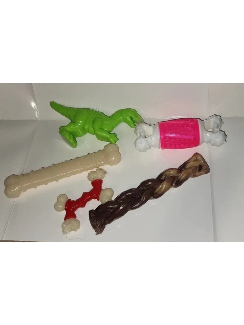 5 PIECE GREEN DINOSAUR, BRAIDED BONE DOG CHEW BUSY TOYS